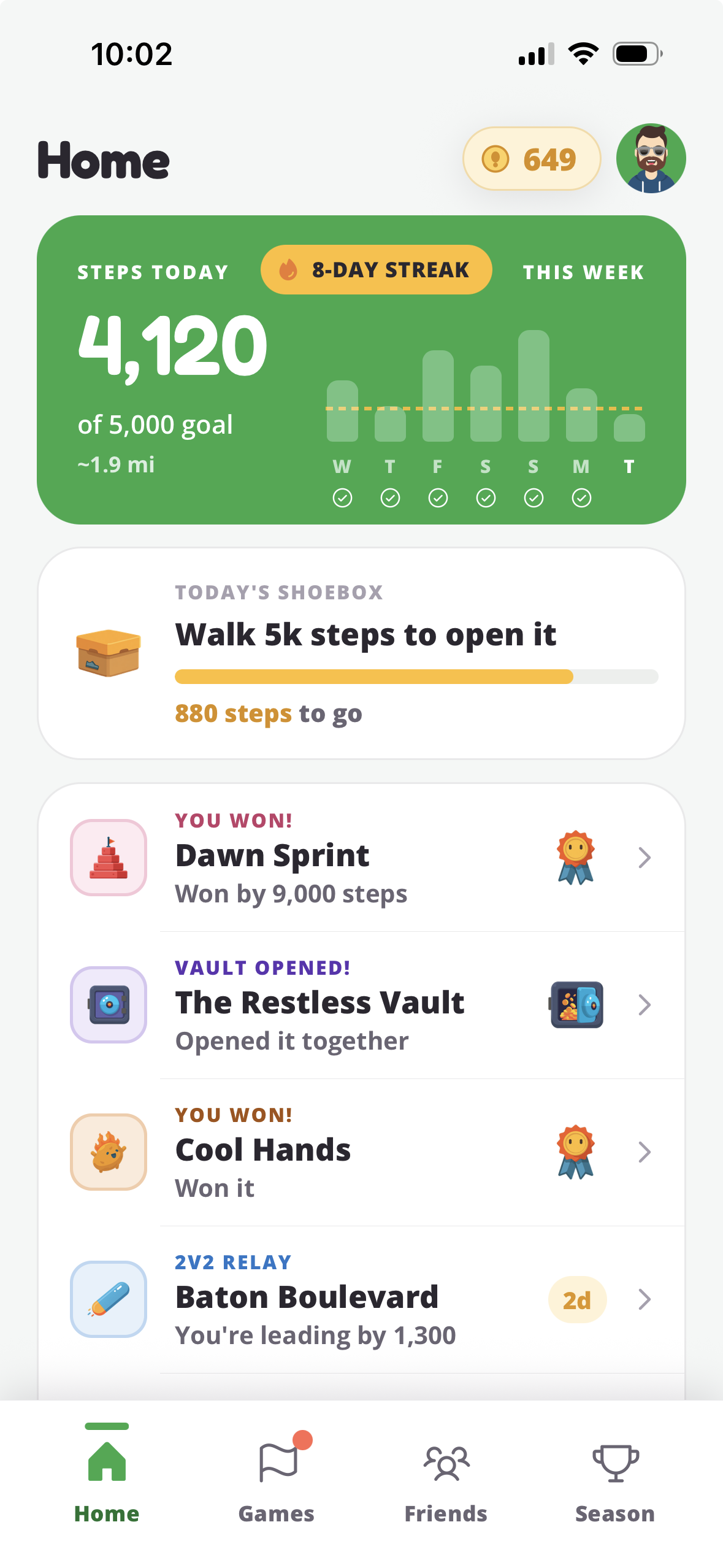 The Mozey home screen: 4,120 steps today against a 5,000 goal, an 8 day streak, this week's step chart, today's Shoebox 880 steps from opening, and a feed of finished and in-progress games.